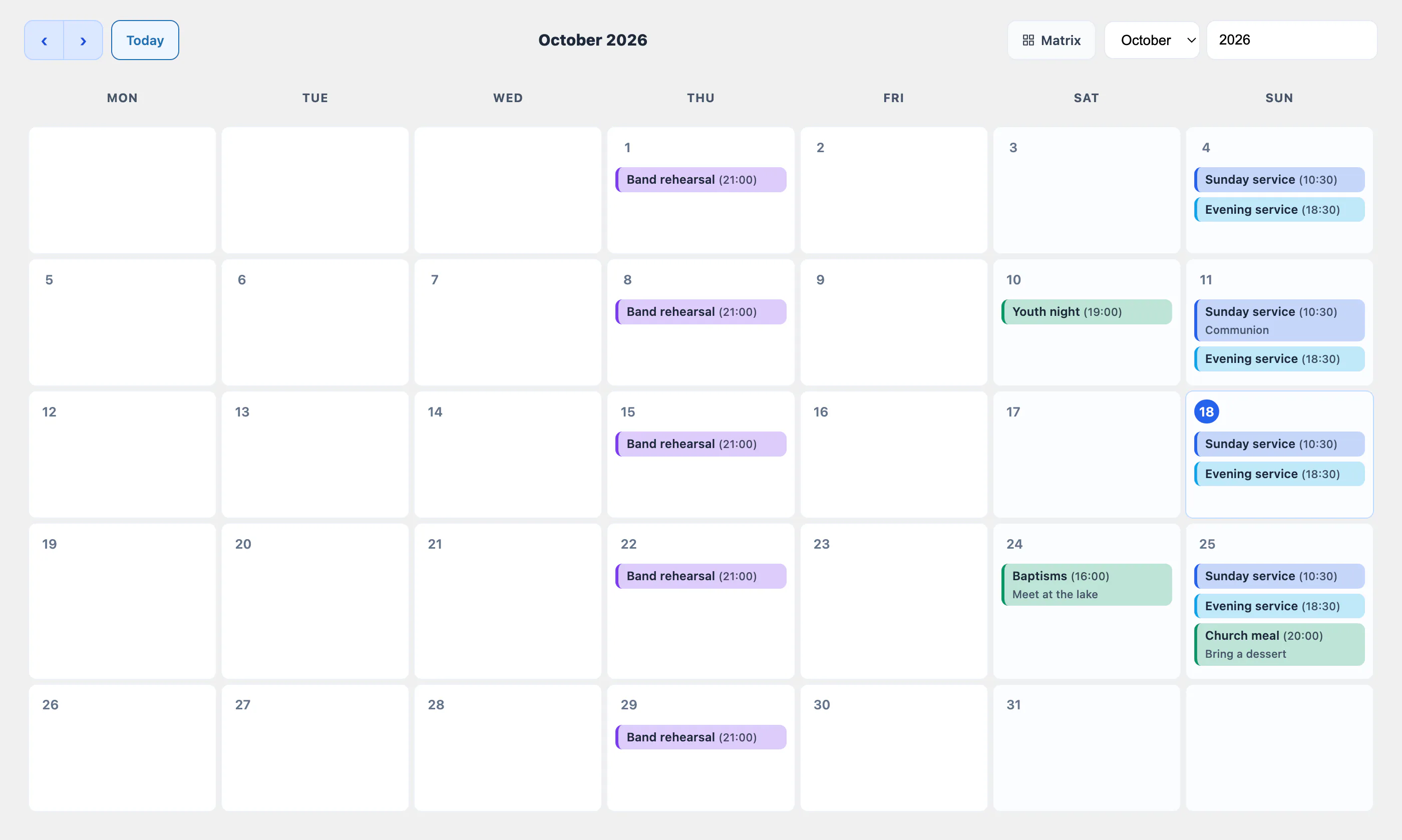 The Church Pilot monthly calendar: every day shows the services planned, each with its own colour and time.
