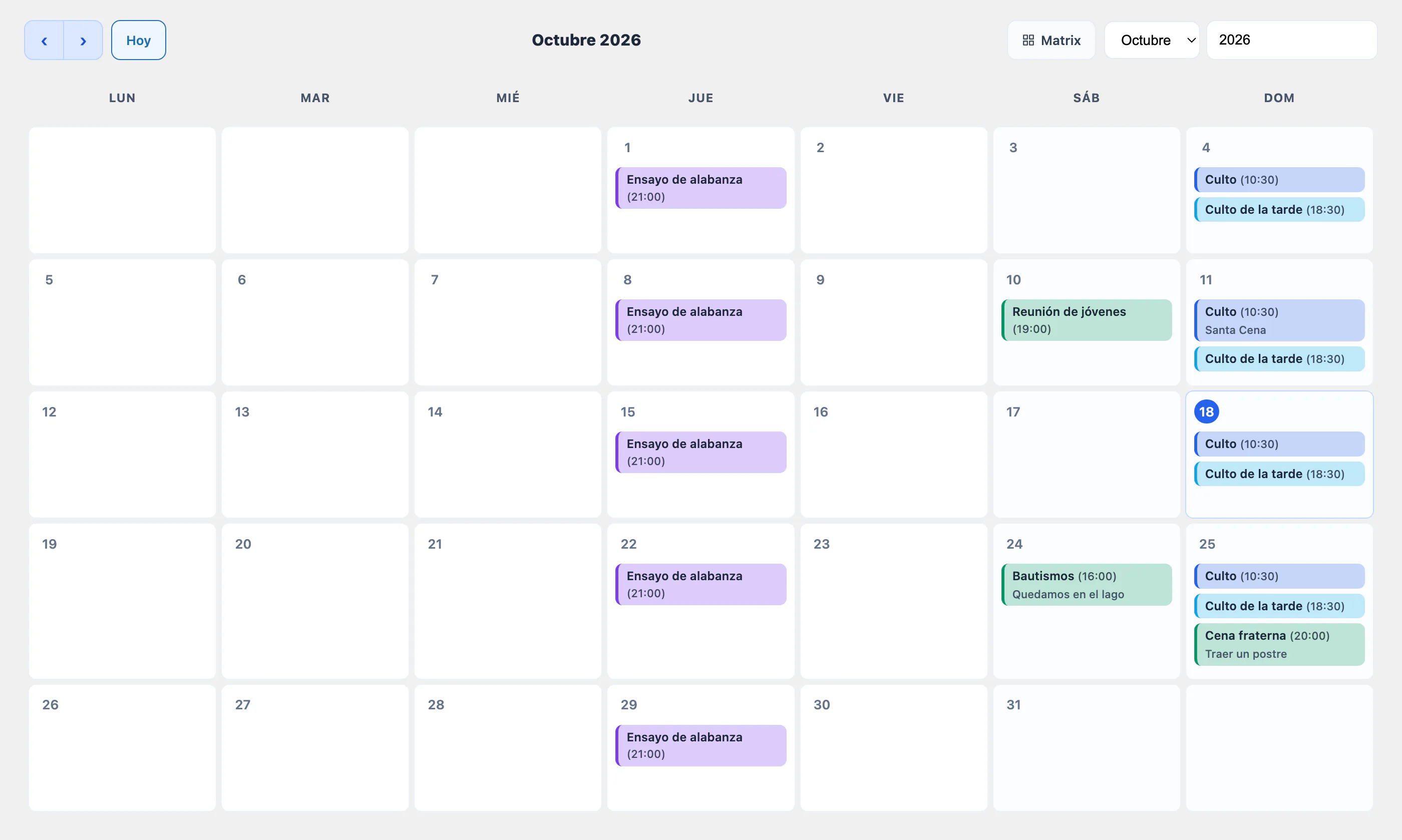 El calendario mensual de Church Pilot: cada d&iacute;a muestra los servicios previstos, cada uno con su color y su hora.