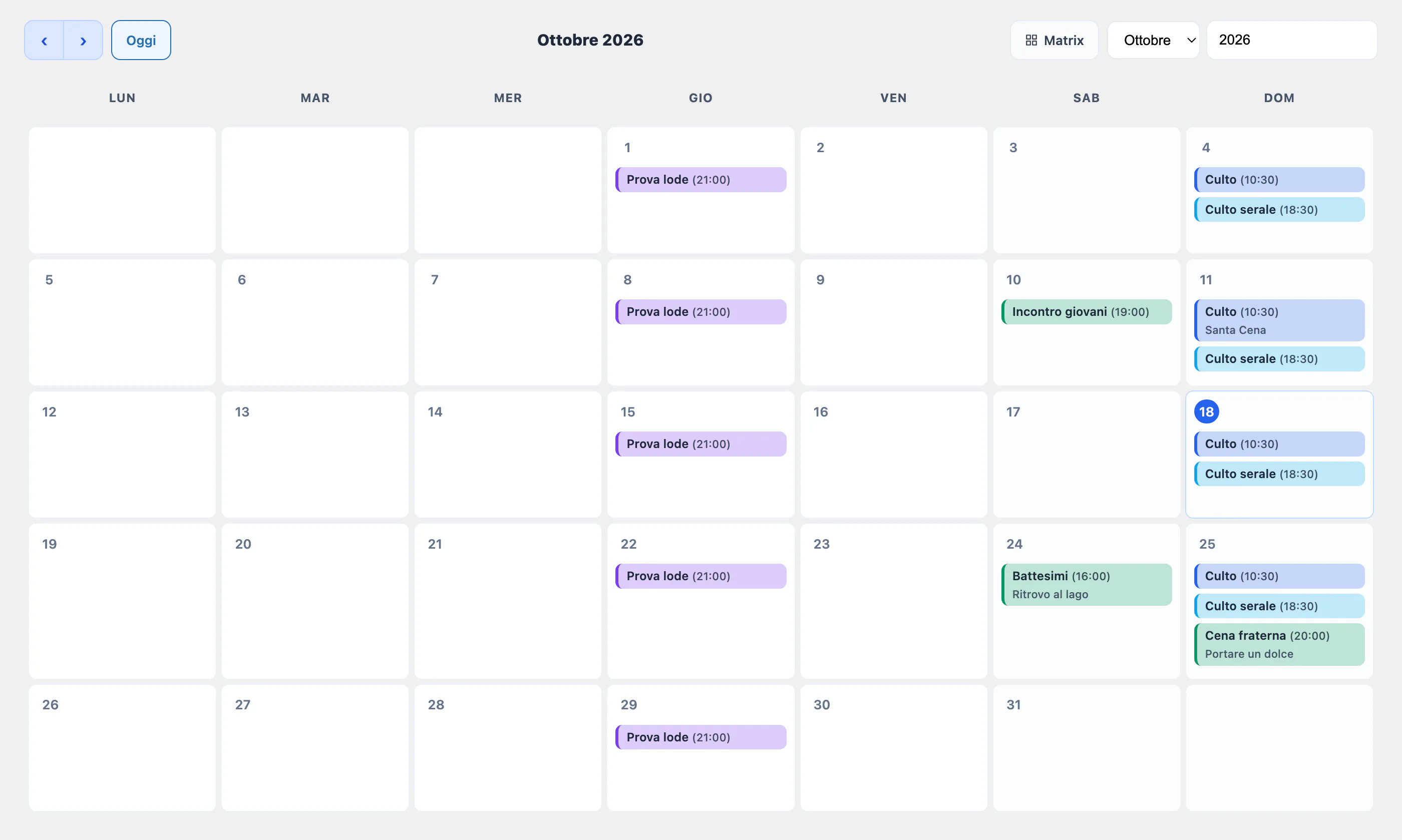 Il calendario mensile di Church Pilot: ogni giorno mostra i servizi previsti, ognuno col suo colore e orario.