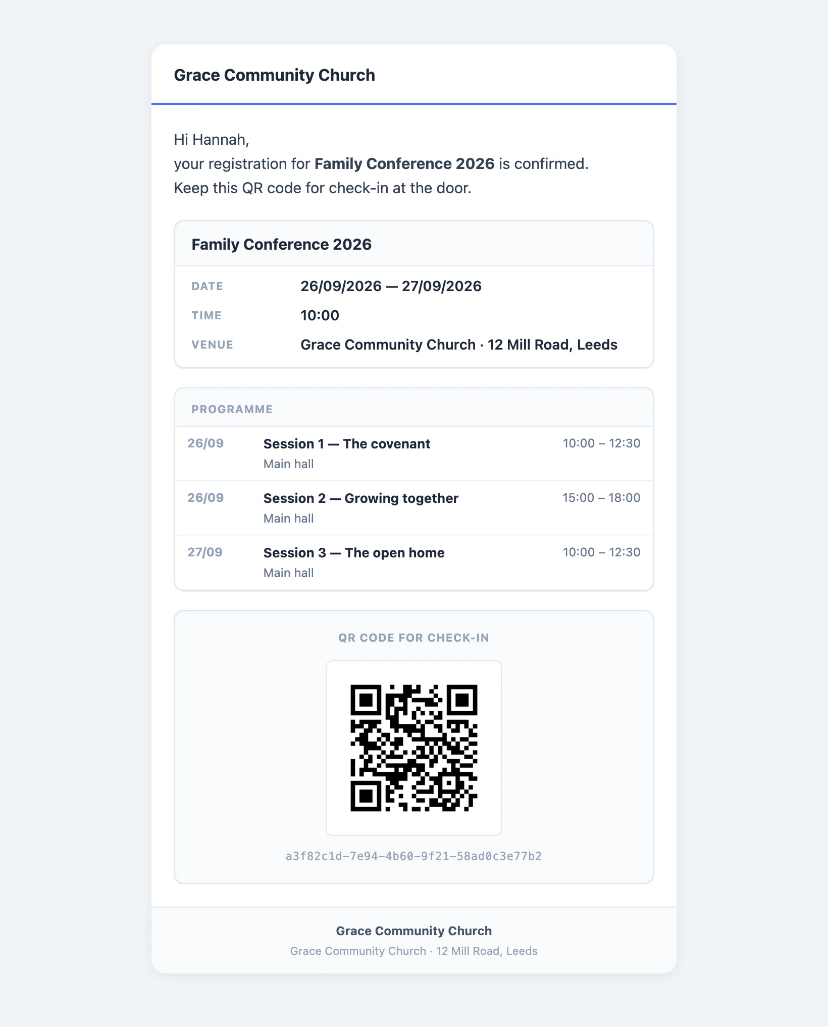 Church Pilot registration confirmation email: conference summary, session programme and the QR code for check-in with the code in plain text.