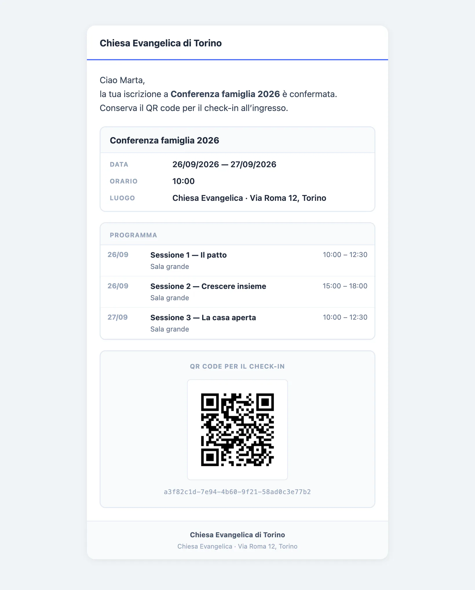Email di conferma iscrizione di Church Pilot: riepilogo della conferenza, programma delle sessioni e QR code per il check-in con il codice in chiaro.