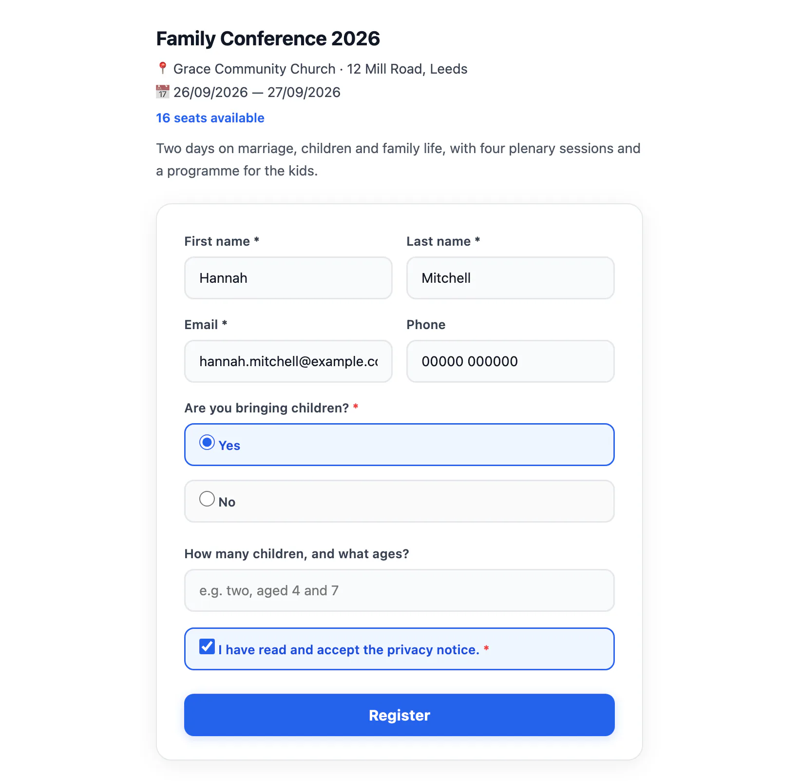 A conference sign-up form generated by Church Pilot: attendee details, a question about children, and a field that only appears when the answer is yes.