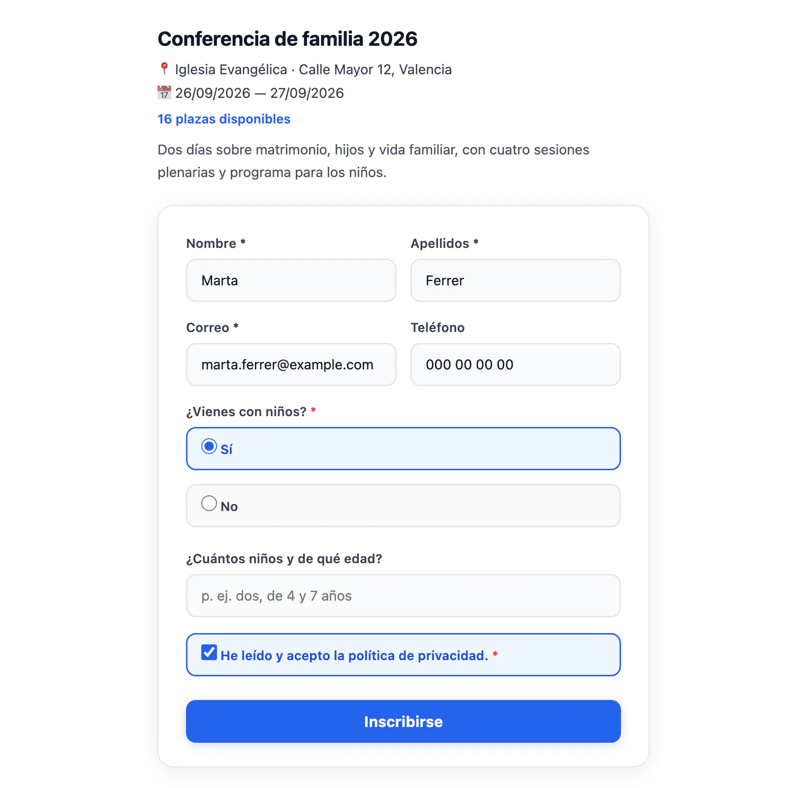 Formulario de inscripci&oacute;n a una conferencia generado por Church Pilot: datos del participante, pregunta sobre los ni&ntilde;os y campo que aparece solo al responder s&iacute;.